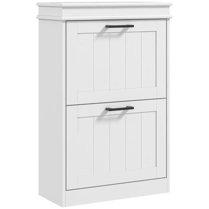 White shoe storage cabinet with two flip drawers and black bar handles