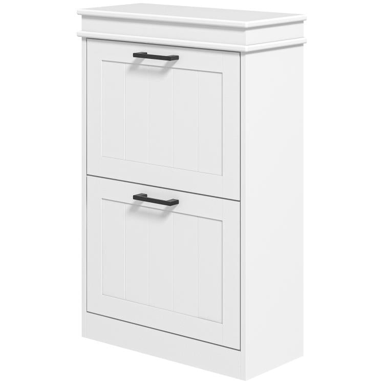 White narrow shoe organizer cabinet with two flip drawers and black bar handles