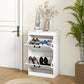 White shoe storage cabinet with two open flip drawers and three shoe shelves