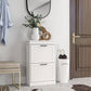 White two-drawer shoe storage cabinet with panel doors and black handles