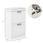 White shoe storage cabinet with two flip drawers, shown with interior capacity inset