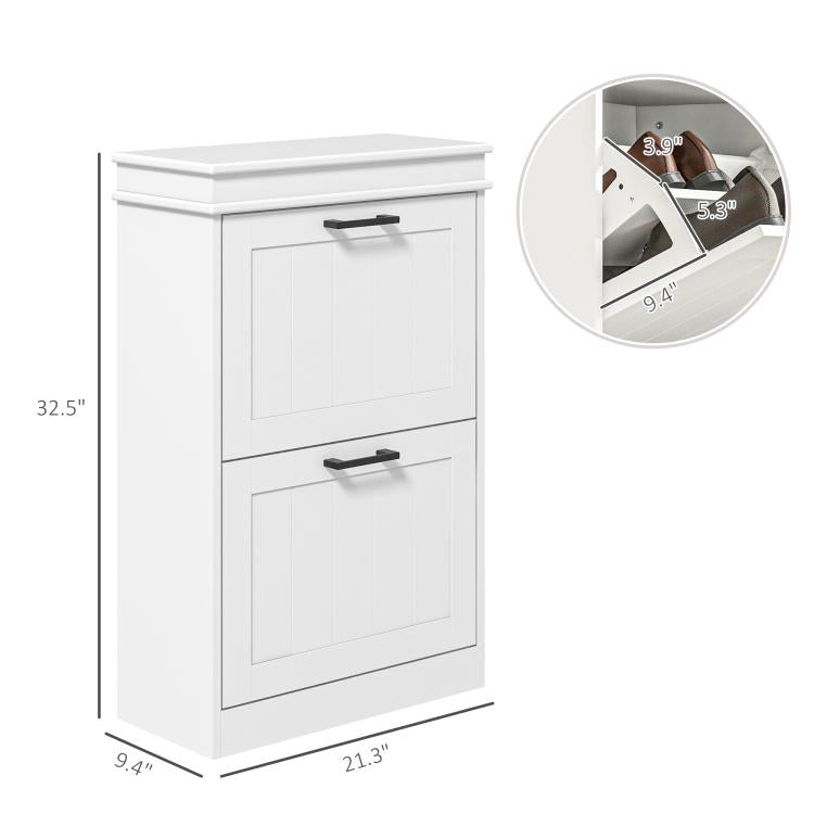 White shoe storage cabinet with two flip drawers, shown with interior capacity inset