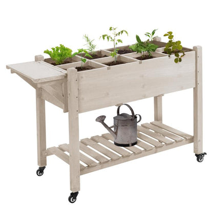 Light wood raised garden bed planter box with storage shelf and lockable wheels
