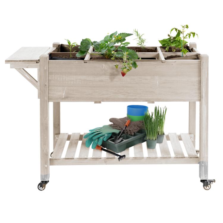 Raised wooden planter box with lower storage shelf, wheels, and planted grow sections