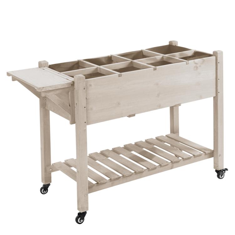 Raised wooden garden bed planter with lower shelf and locking wheels, grid inserts