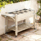 Wooden raised planter with internal grid sections, open base shelf, and wheels