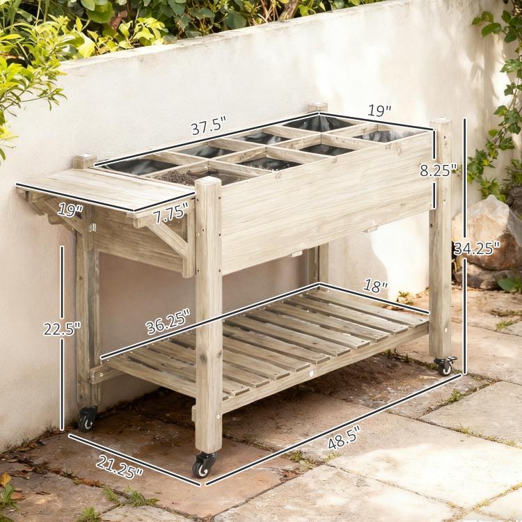Wooden raised planter with internal grid sections, open base shelf, and wheels