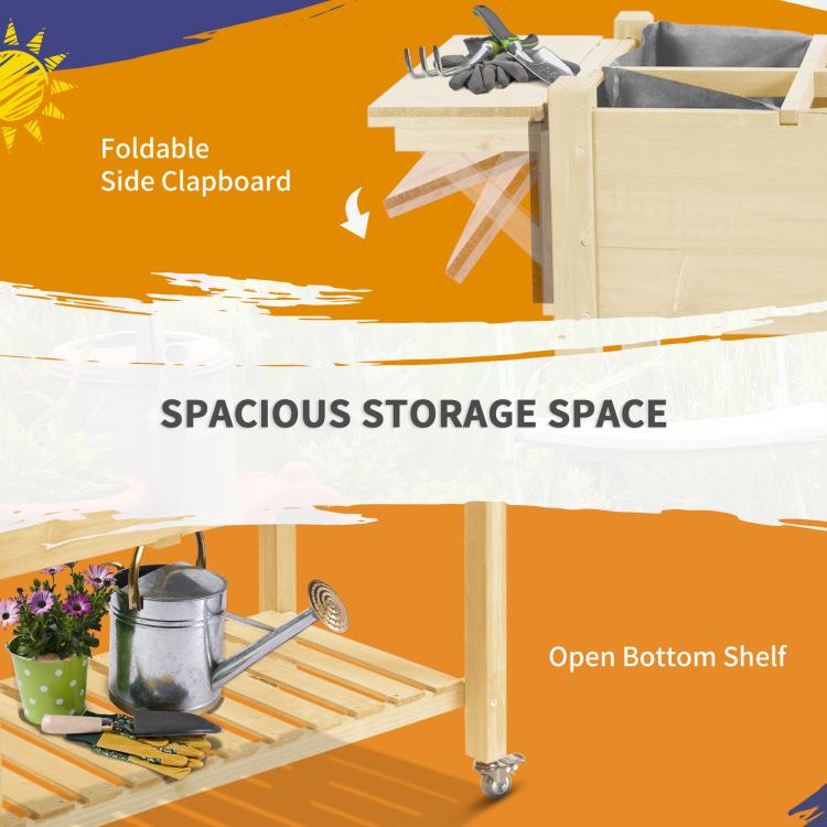 Raised planter with foldable side flap and open bottom shelf