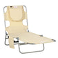 Beige face-hole tanning lounger with padded head pillow and steel base frame