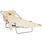 Beige adjustable tanning chaise lounge with face-hole pillow and metal base