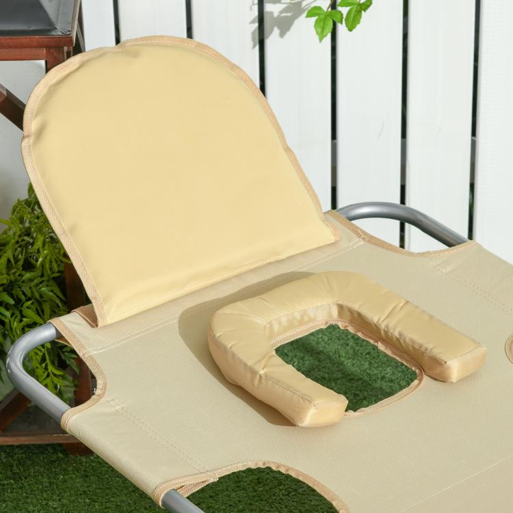 Beige tanning lounge chair cushion with face-hole pad and padded head pillow