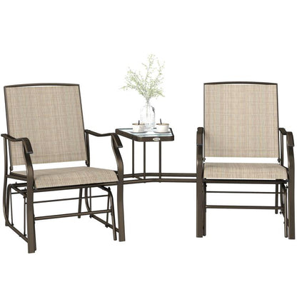 Set of two outdoor rocking glider chairs with light beige sling seats and round glass table