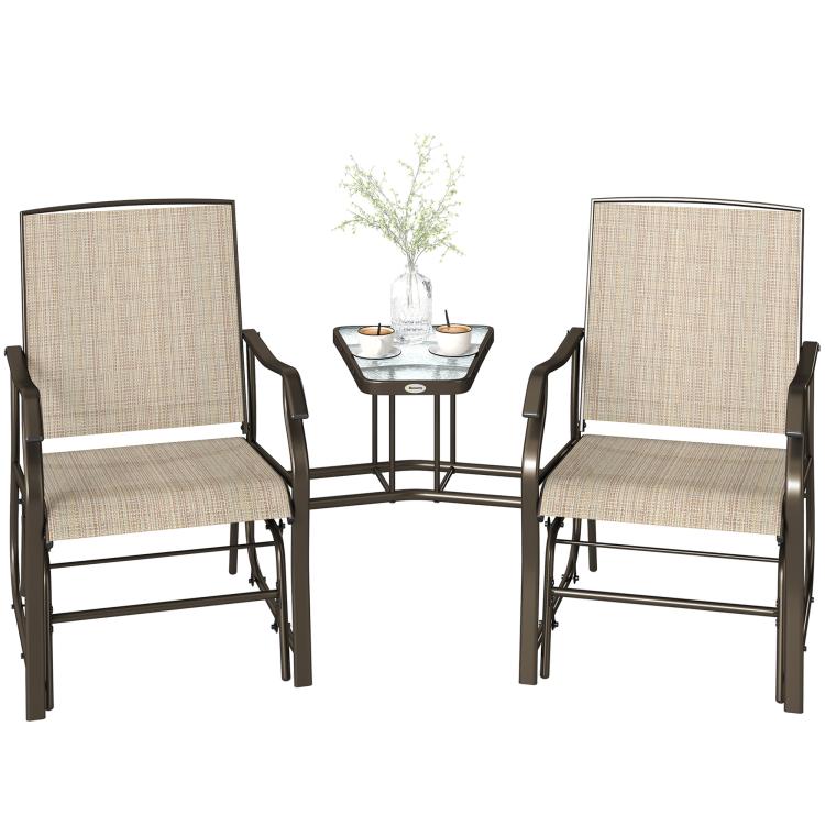 Two outdoor rocking glider chairs with light beige sling backs and a small round glass tabletop
