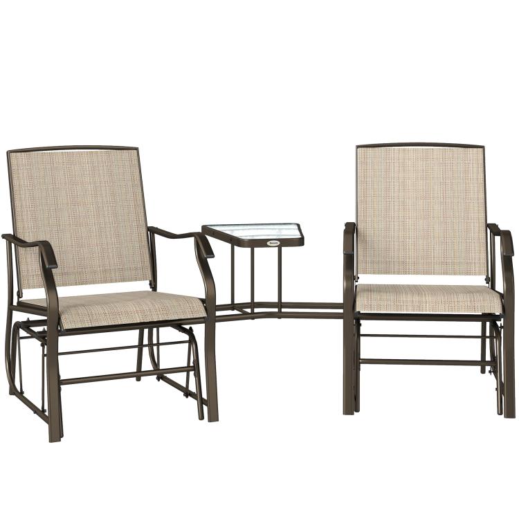 Two patio rocking chairs and small coffee table between; light brown frames, beige sling