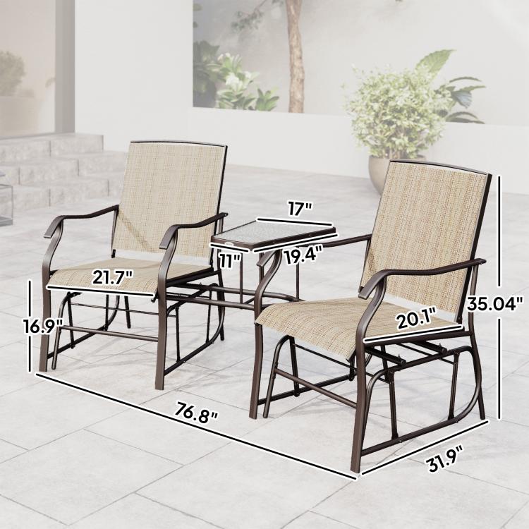 Two outdoor rocking glider chairs and a round tempered-glass middle table in light beige
