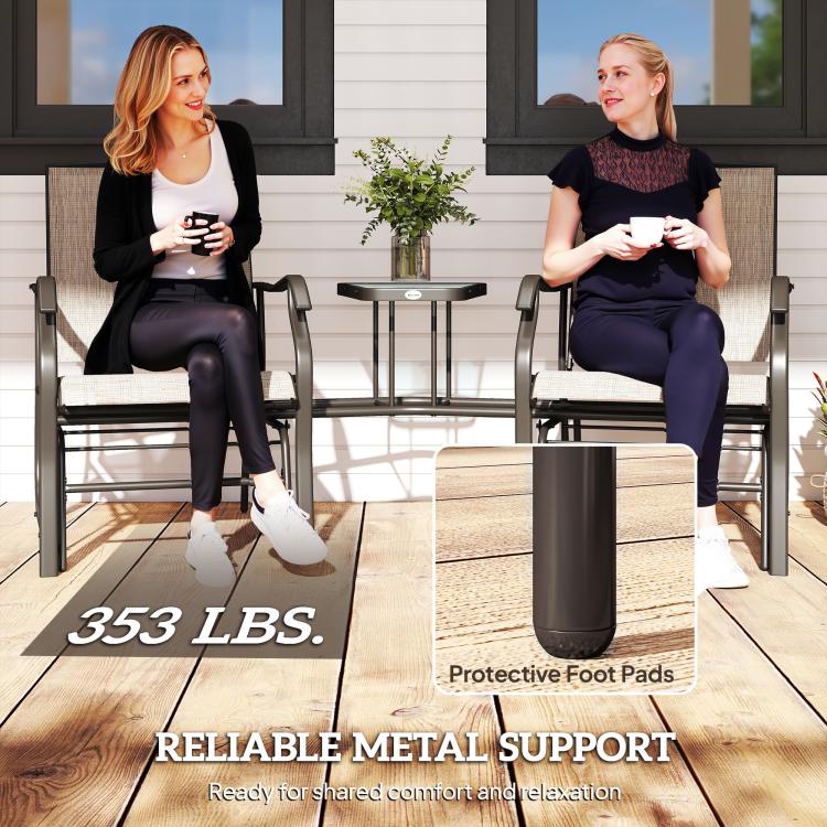 Outdoor rocking glider chairs with protective foot pads and a round tempered glass table