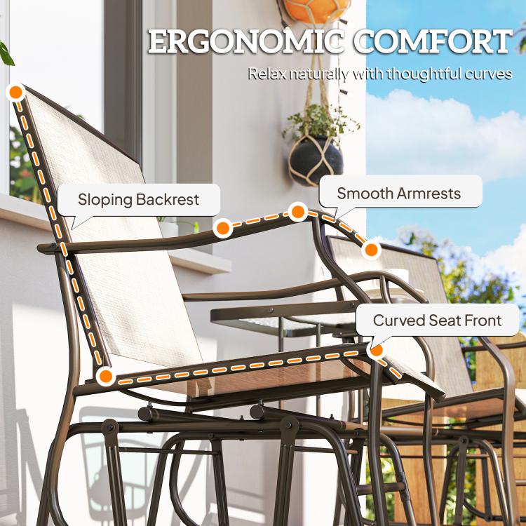 Ergonomic outdoor glider chair with sloping backrest, smooth armrests, and curved seat front