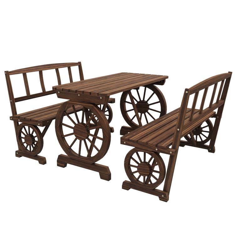 Brown wagon-wheel outdoor dining table with two matching bench-style chairs
