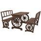 Brown wagon-wheel outdoor dining table with bench chairs, side view