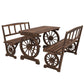 4-seat outdoor dining set with wagon wheel table and matching slatted benches