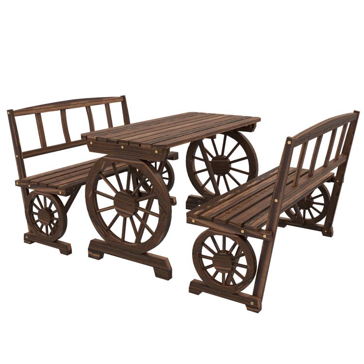 4-seat outdoor dining set with wagon wheel table and matching slatted benches