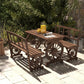 Brown outdoor dining set with wagon-wheel table and bench seats