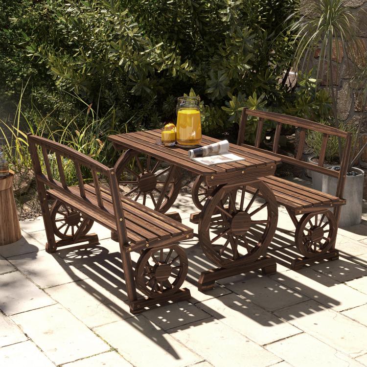 Brown outdoor dining set with wagon-wheel table and bench seats