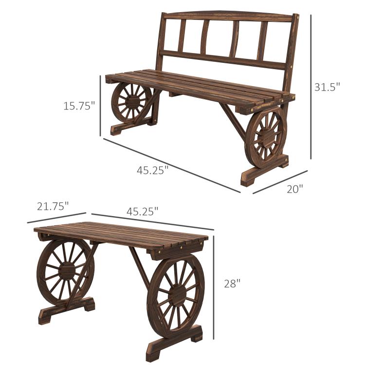 Brown wagon-wheel outdoor bench dining table set with size guide