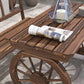Brown slatted dining tabletop with wagon-wheel style frame edge