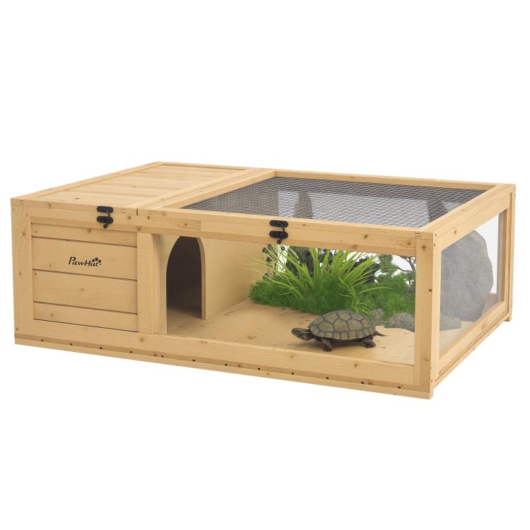 Light wood reptile enclosure with open front tunnel and mesh top