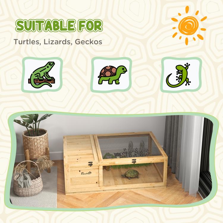 Wood reptile enclosure with mesh top and front door opening for small reptiles