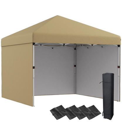Beige pop-up canopy tent with sidewalls, roof top, and black leg sandbags