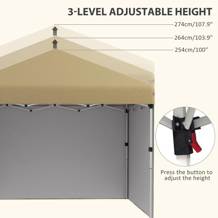 Beige pop-up canopy tent corner with 3-level height adjustment control