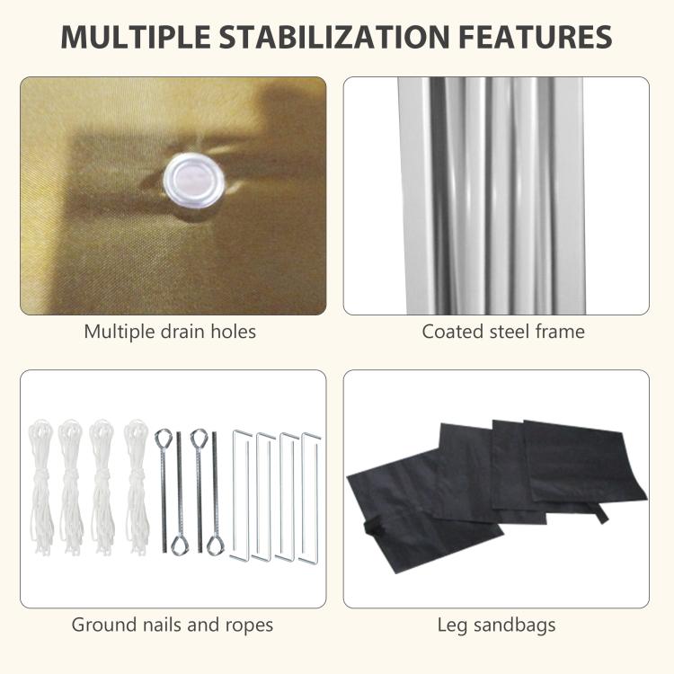 Beige canopy tent stability accessories: drain holes, coated frame, ropes and sandbags