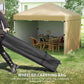 Beige pop-up canopy tent with wheeled carrying bag for storing sidewalls and frame