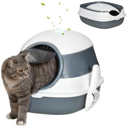 Covered cat litter box with domed lid, white and gray, open front entrance
