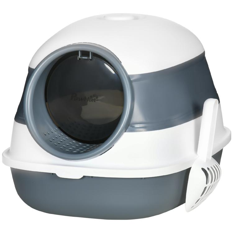 Covered cat litter box with circular front entrance, white lid and gray base