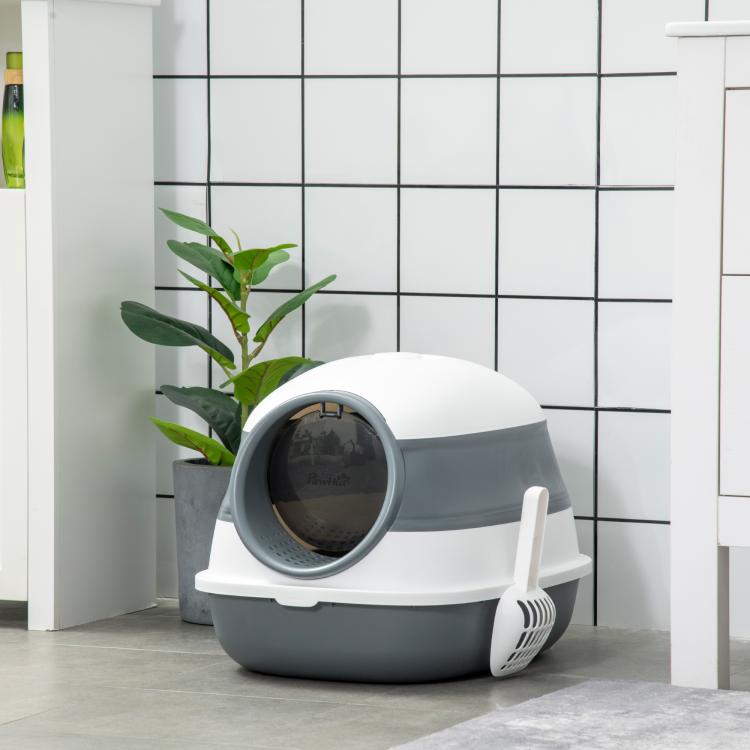Covered cat litter box with enclosed dome lid, white and gray base