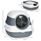 Covered cat litter box size diagram, white lid and gray base with front opening