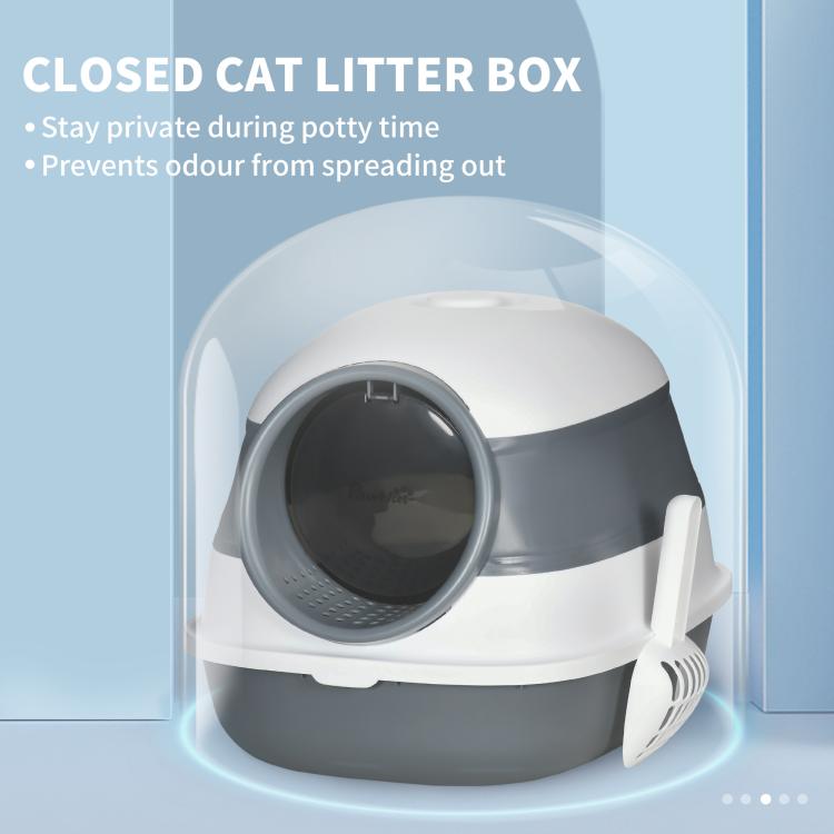 Closed cat litter box with domed lid, white and gray, round front entrance