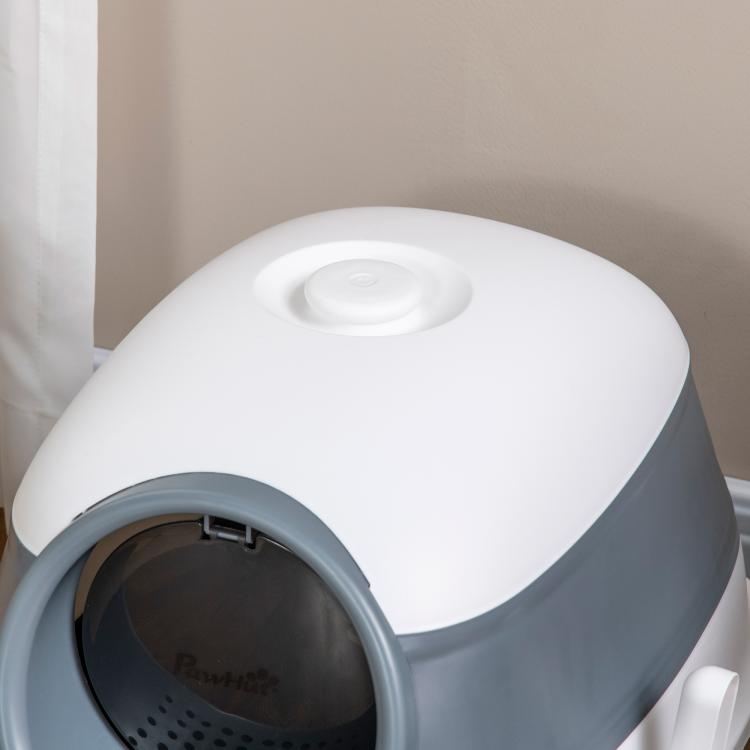 Covered cat litter box top view, white dome lid with circular handle