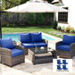 Navy blue patio chair seat and back cushions on outdoor lounge chairs