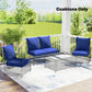 Navy blue seat and backrest cushions for outdoor patio chairs on a porch