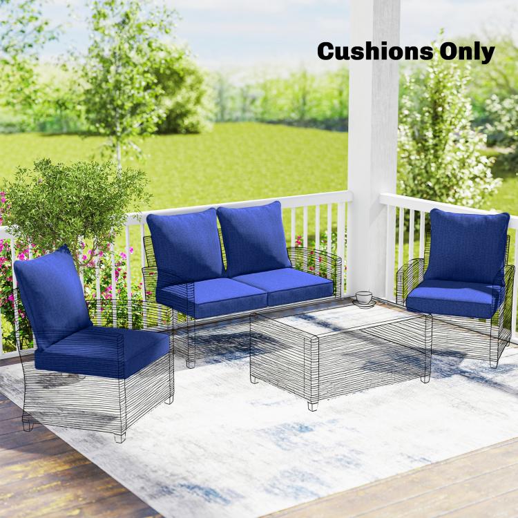 Navy blue seat and backrest cushions for outdoor patio chairs on a porch