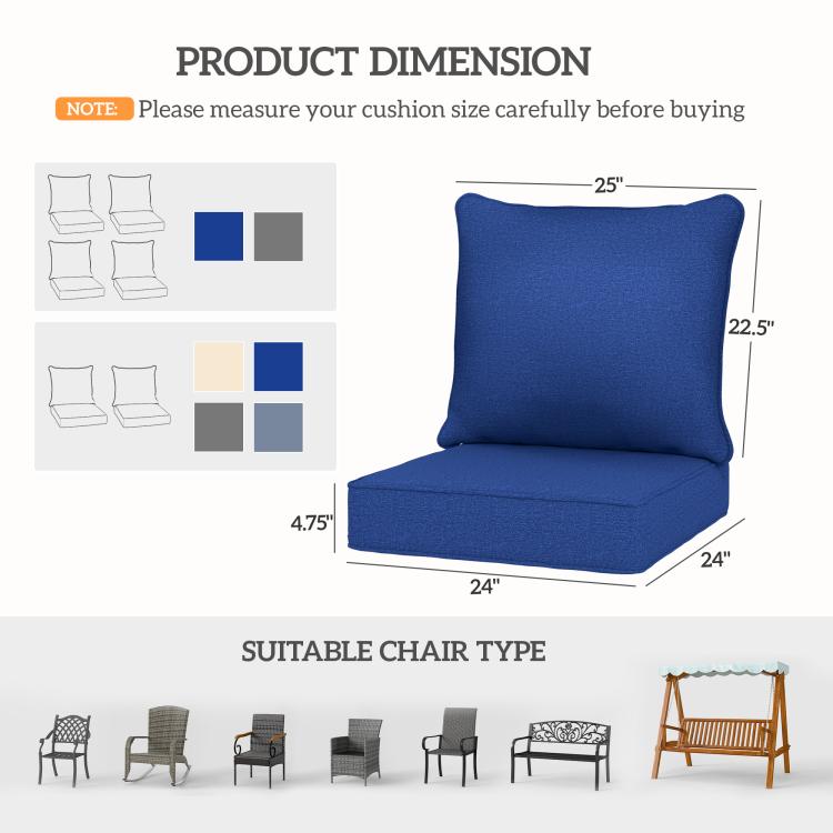 Navy blue cushion size diagram with padded seat and curved backrest
