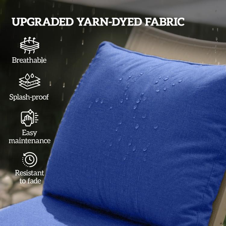 Close-up of navy blue cushion fabric with visible water droplets