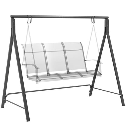 Black metal A-frame porch swing stand with top bar and hanging hooks