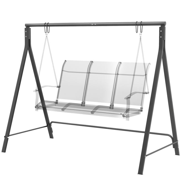 Black metal swing frame stand with two A-legs and hanging hooks