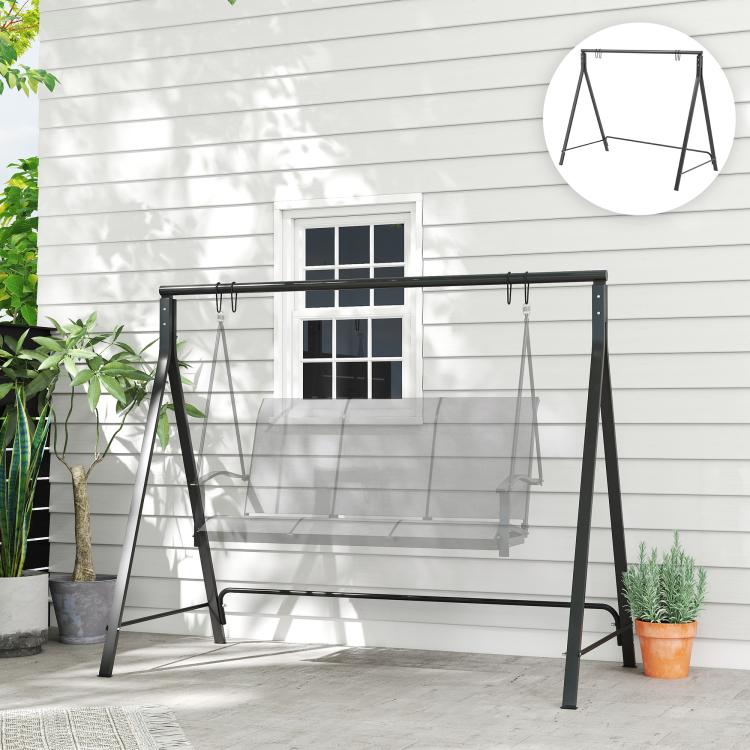 Black metal swing stand frame with four legs and hanging hooks