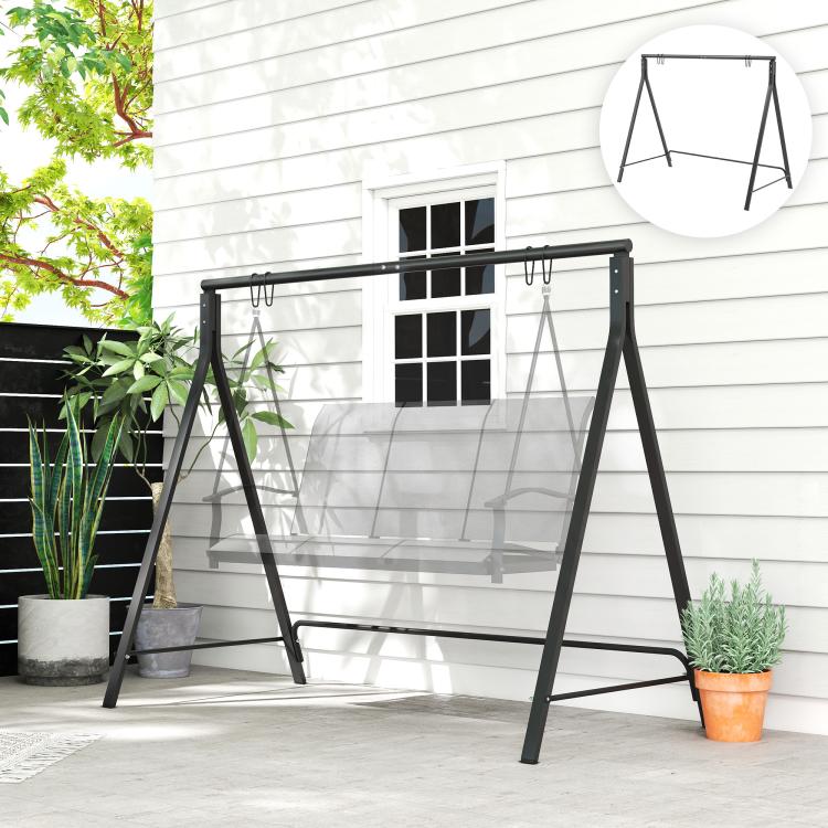 Black metal porch swing stand with hanging chains and bench swing seat